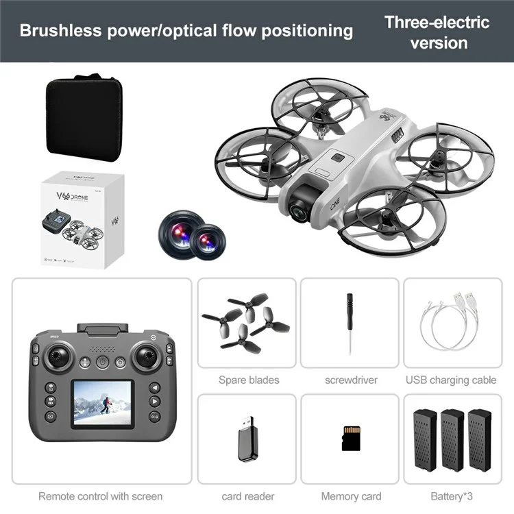 V666 Dual HD Kamera Mini Drohne mit optischer Strömungspositionierung, Fernbedienung mit Bildschirm, 3 Akkus - Grau