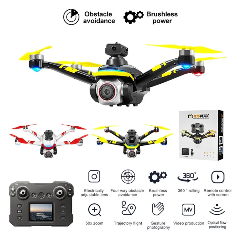 XKJ K15MAX Bürstenloser Drohne mit Bildschirm-Fernbedienung FPV-Kamera Optischer Fluss Positionierung RC-Flugzeug, Einzelner Akku - Schwarz