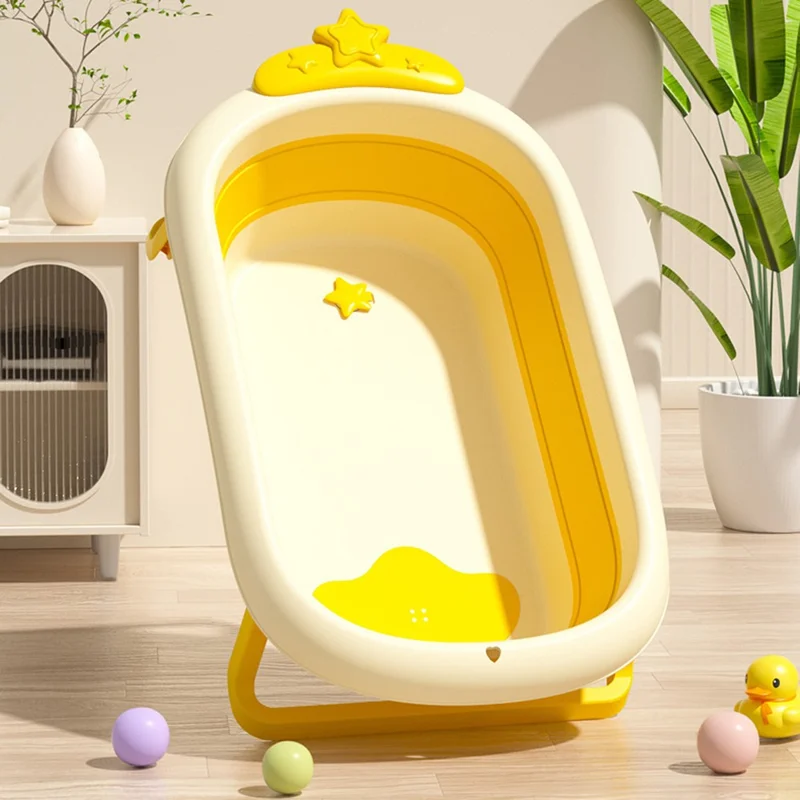 Cartoon Children Bathtub Baby Newborn Folding Bath Bucket with Heat Sensitive Drain Plug ST - Yellow