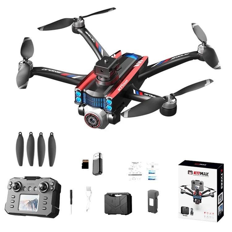 XKJ K17MAX Foldable Drone with Screen Remote Control FPV Obstacle Avoidance Brushless Motor Quadcopter, Single Battery - Black