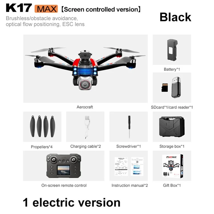 XKJ K17MAX Foldable Drone with Screen Remote Control FPV Obstacle Avoidance Brushless Motor Quadcopter, Single Battery - Black