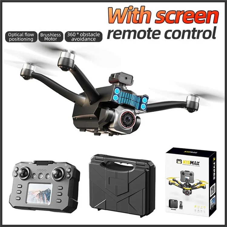 XKJ K17MAX Foldable Drone with Screen Remote Control FPV Obstacle Avoidance Brushless Motor Quadcopter, Single Battery - Black