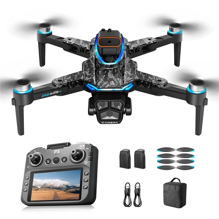 Drone RC D13 Quadricoptère avec Évitement d'Obstacles pour Photographie Aérienne, Écran de Télécommande, 2 Batteries