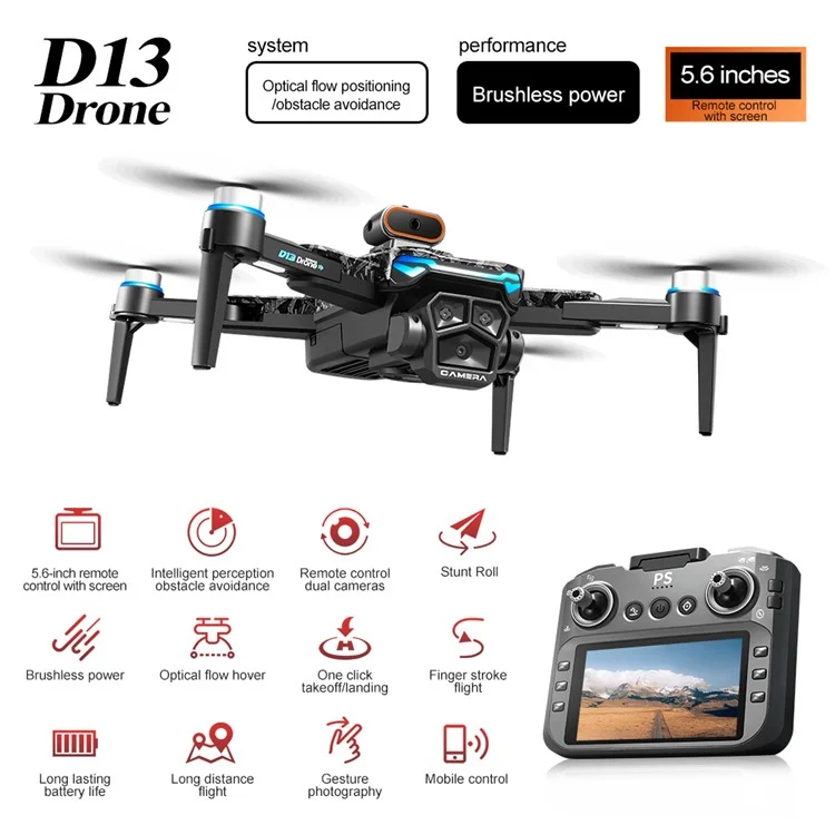 Drone RC D13 Quadricoptère avec Évitement d'Obstacles pour Photographie Aérienne, Écran de Télécommande, 2 Batteries