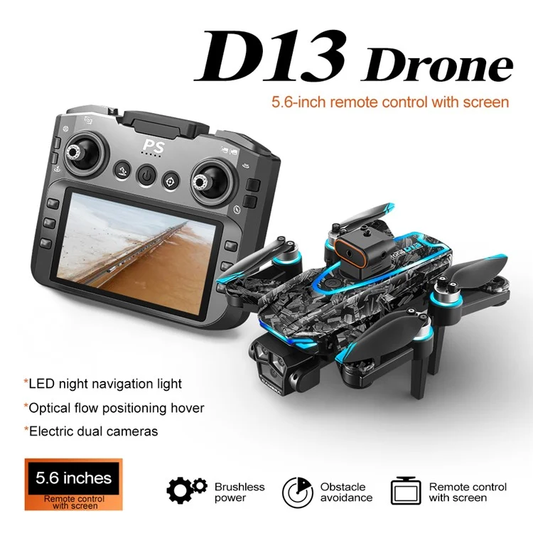 Drone RC D13 Quadricoptère avec Évitement d'Obstacles pour Photographie Aérienne, Écran de Télécommande, 2 Batteries