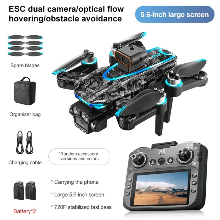 Drone RC D13 Quadricoptère avec Évitement d'Obstacles pour Photographie Aérienne, Écran de Télécommande, 2 Batteries