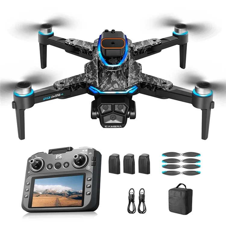 D13 Bürstenloser Quadrocopter mit Hinderniserkennung, Luftbildfotografie RC-Drohne mit Bildschirm-Fernbedienung, 3 Akkus