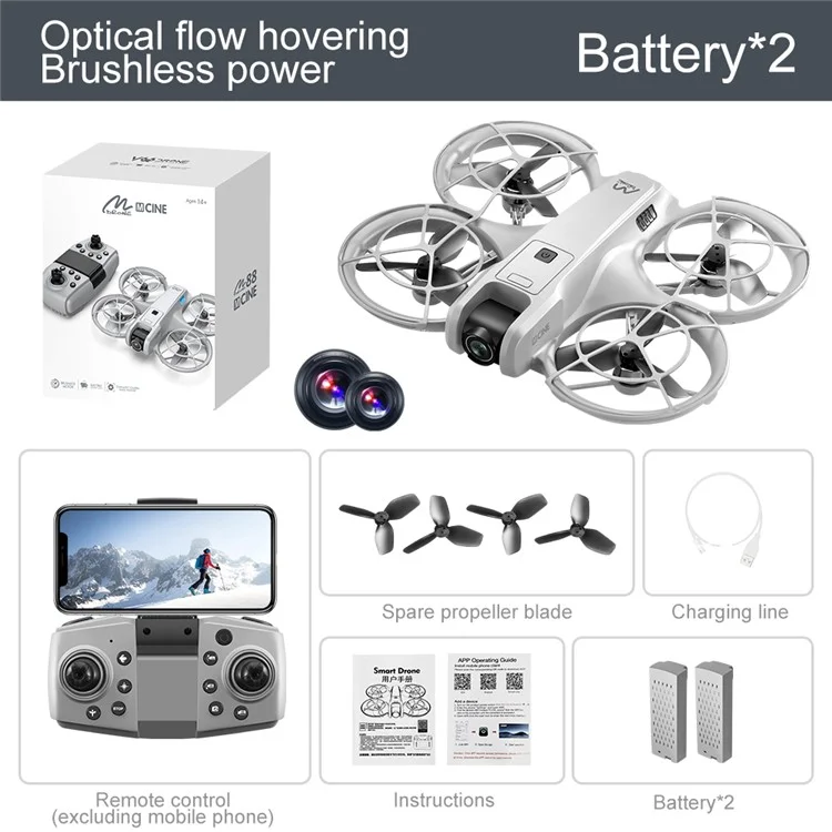 Dron M88 sin escobillas con Posicionamiento por Flujo Óptico, Cámara Dual HD para Fotografía Aérea, Cuadricóptero con Doble Batería