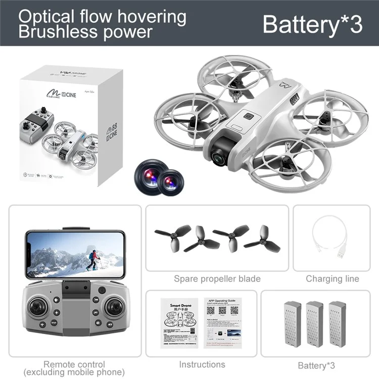 M88 Drone Quadricoptère avec Stabilisation par Flux Optique et Double Caméra HD pour Photographie Aérienne, Trois Batteries