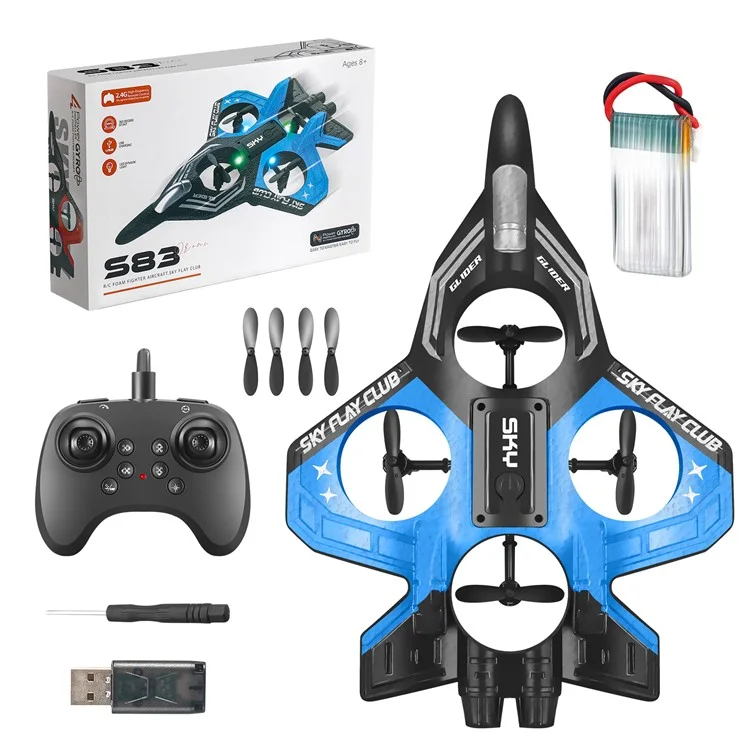 S83 RC Airplane EPP Foam 2.4G Remote Control Glider Fighter RC Plane Toy with LED Lights, Single Battery - Blue