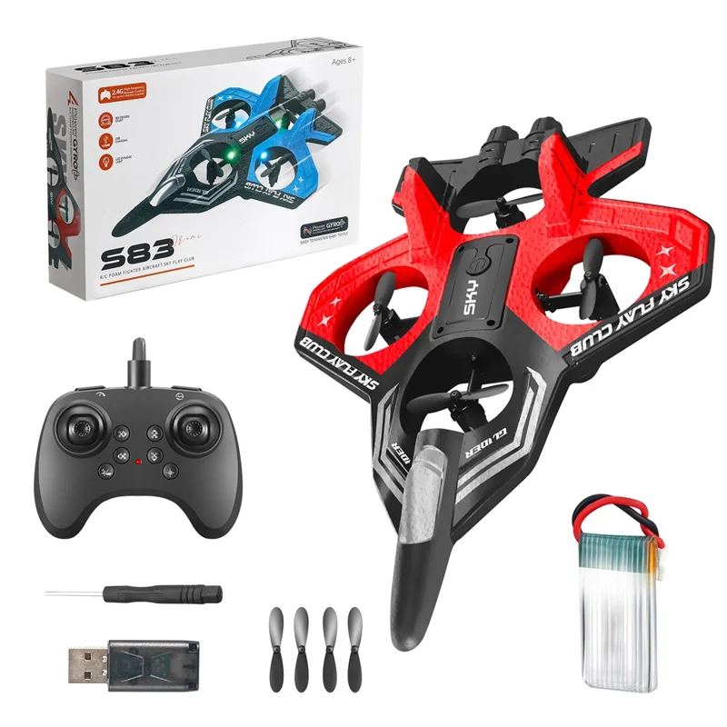 S83 RC Airplane EPP Foam 2.4G Remote Control Glider Fighter RC Plane Toy with LED Lights, Single Battery - Red