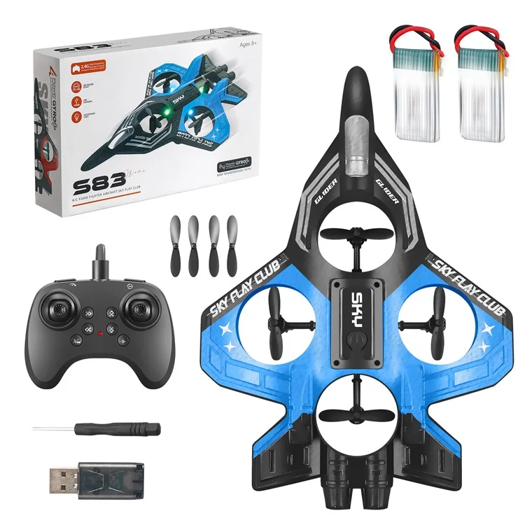S83 RC Airplane EPP Foam 2.4G Remote Control Glider Fighter RC Plane Toy with LED Lights, Dual Batteries - Blue