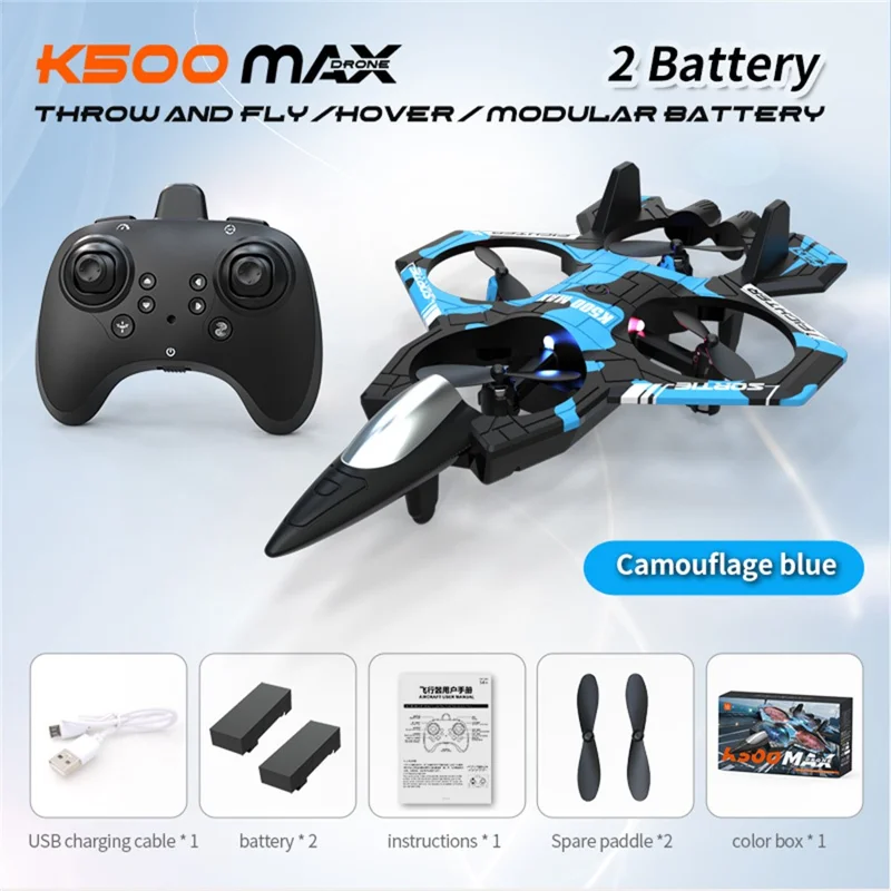 K500 MAX Dron Cuadricóptero con Baterías Duales, Aeronave de Juguete con Estabilización de Altitud y Acrobacias - Azul Camuflaje