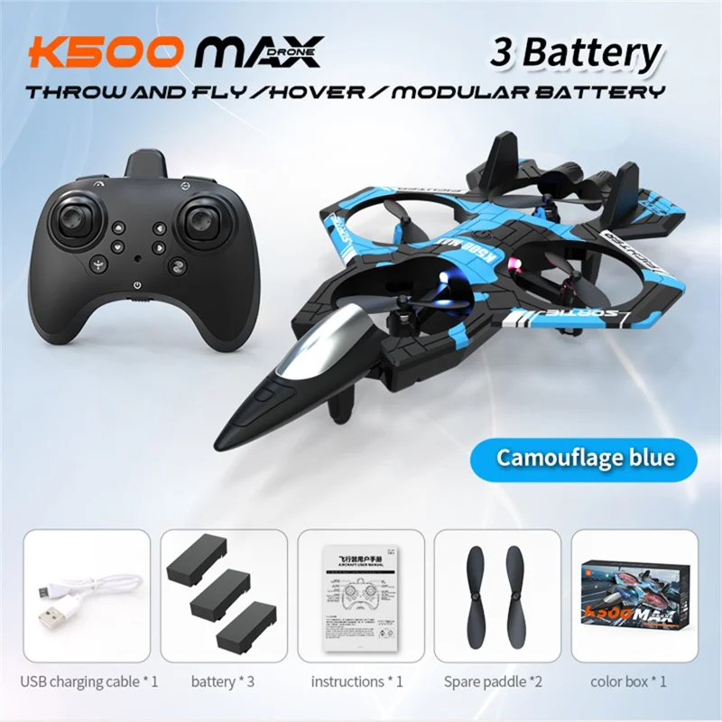 K500 MAX Dron Cuadricóptero de Control Remoto con 3 Baterías, Aeronave de Juguete con Mantenimiento de Altitud y Acrobacias - Azul Camuflaje