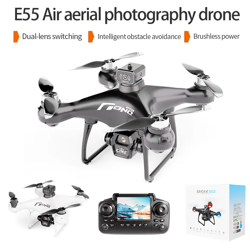 E55 4K HD Dual Camera Quadcopter Optical Flow Positioning WiFi FPV Brushless Motor Drone, Dual Battery - Black