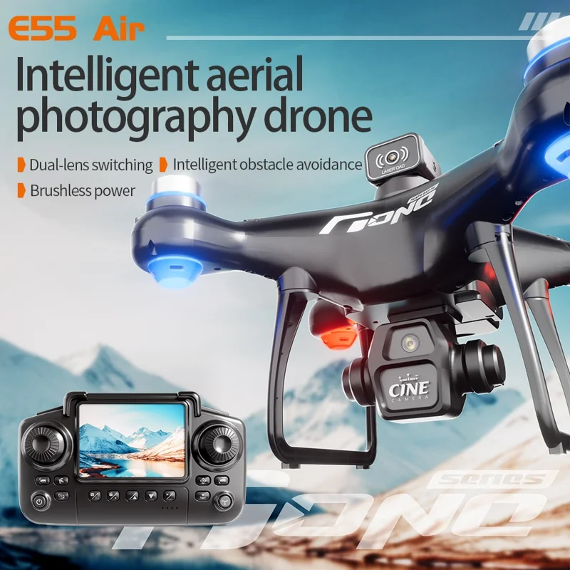 E55 4K HD Dual Camera Quadcopter Optical Flow Positioning WiFi FPV Brushless Motor Drone, Dual Battery - Black