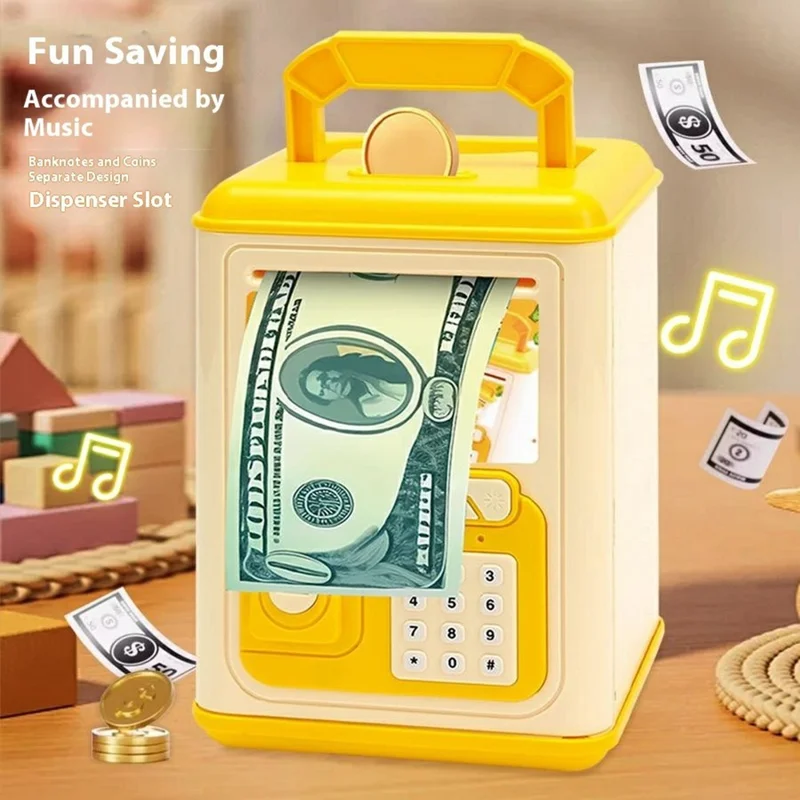 WF990-17 Creative ATM Money Saving Box for Kids Electronic Automatic Bill Rolling Piggy Bank with Password and Key - Yellow