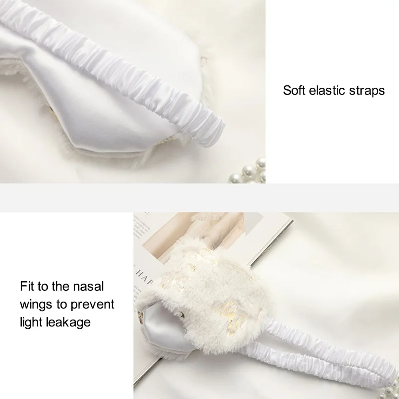 Plush Eye Mask Imitated Silk Sleeping Mask Soft Fluffy Travel Eye Cover for Sleeping - White Flower