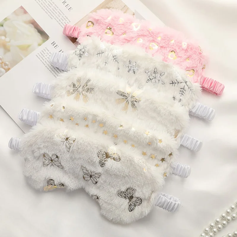 Plush Eye Mask Imitated Silk Sleeping Mask Soft Fluffy Travel Eye Cover for Sleeping - White Flower