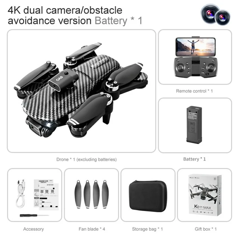 K611 MAX 4K HD Aerial Photography Foldable Quadcopter Obstacle Avoidance Carbon Fiber Texture Drone, 1 Battery