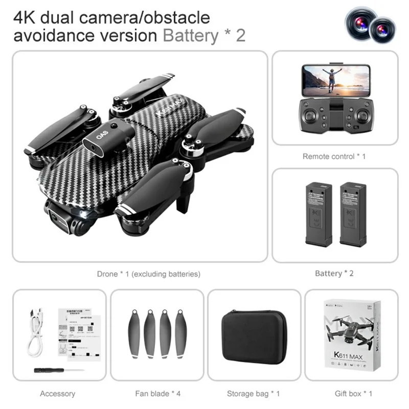 K611 MAX 4K HD Luftbildfotografie Faltbarer Quadcopter mit Hinderniserkennung, Karbonfaser-Textur Drohne, 2 Batterien