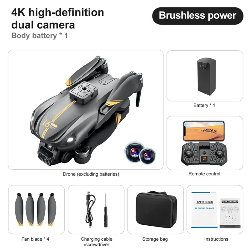 i6 MAX HD Drone de Photographie Aérienne avec Vision Nocturne, Quadricoptère sans Balais avec Évitement d'Obstacles, 1 Batterie