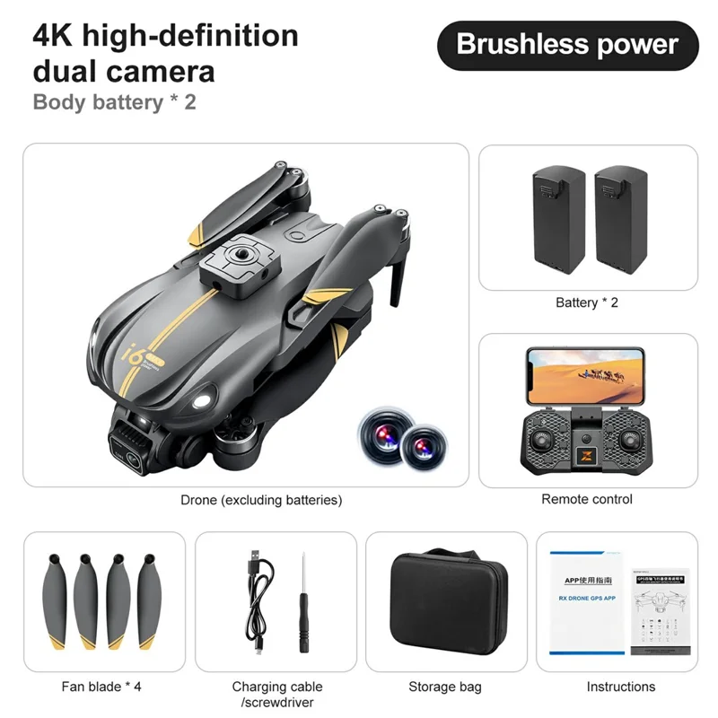 i6 MAX HD Drone de Photographie Aérienne avec Vision Nocturne, Quadricoptère sans Balais avec Évitement d'Obstacles, 2 Batteries