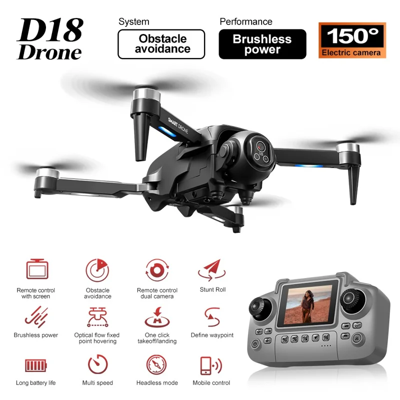 D18 Brushless Quadcopter Obstacle Avoidance Drone 4K Camera WiFi FPV RC Aircraft, Single Battery - Black