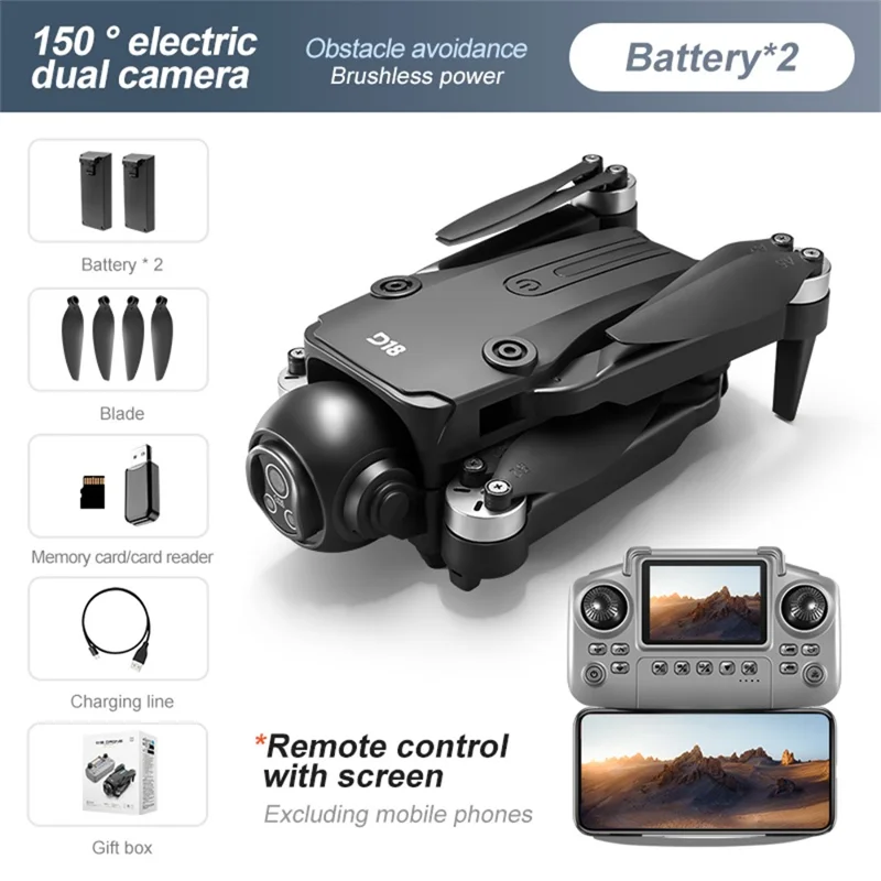 D18 Brushless Quadcopter Obstacle Avoidance Drone 4K Camera WiFi FPV RC Aircraft, Dual Battery - Black