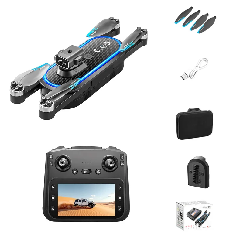 S186 Foldable Drone Dual HD Camera Obstacle Avoidance Optical Flow Positioning Aircraft with Screen Remote Control, 1 Battery - Black