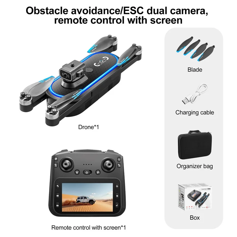 S186 Foldable Drone Dual HD Camera Obstacle Avoidance Optical Flow Positioning Aircraft with Screen Remote Control, 1 Battery - Black