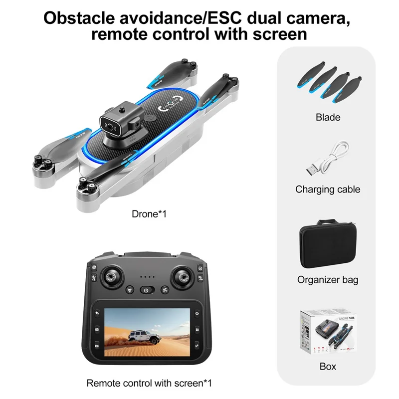S186 Foldable Drone Dual HD Camera Obstacle Avoidance Optical Flow Positioning Aircraft with Screen Remote Control, 1 Battery - Black