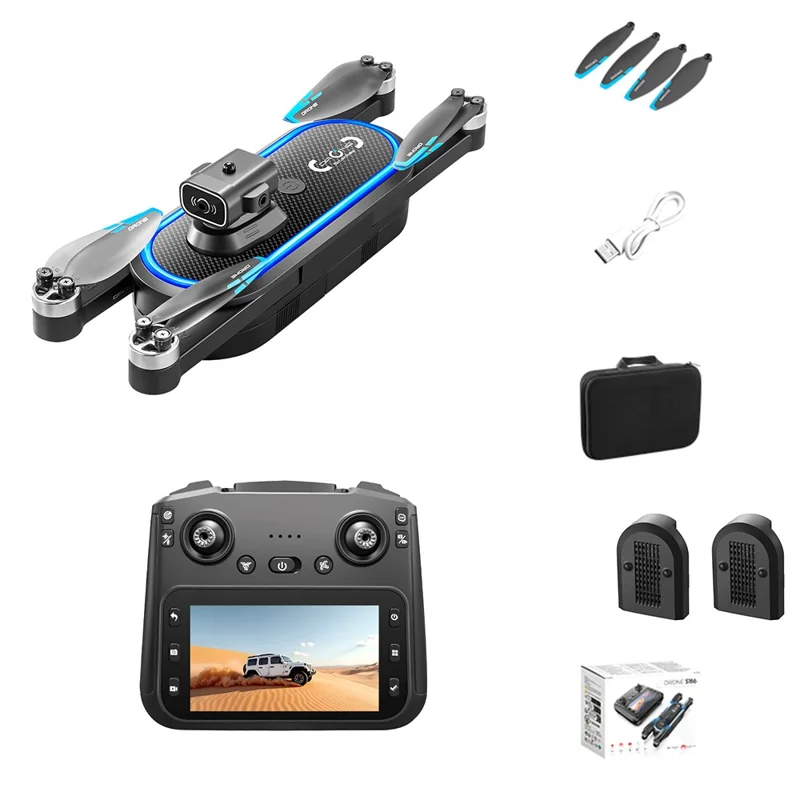 S186 Foldable Drone Dual HD Camera Obstacle Avoidance Optical Flow Positioning Aircraft with Screen Remote Control, 2 Batteries - Black