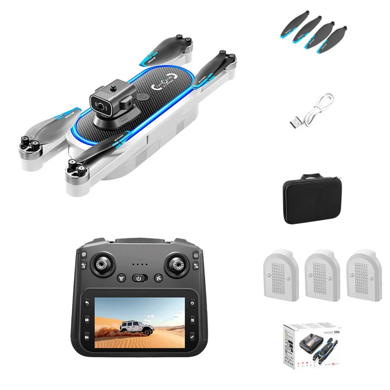 S186 Foldable Drone Dual HD Camera Obstacle Avoidance Optical Flow Positioning Aircraft with Screen Remote Control, 3 Batteries - Black