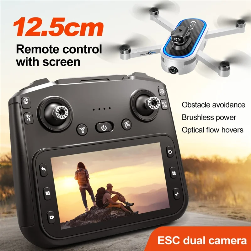 S186 Foldable Drone Dual HD Camera Obstacle Avoidance Optical Flow Positioning Aircraft with Screen Remote Control, 3 Batteries - Black