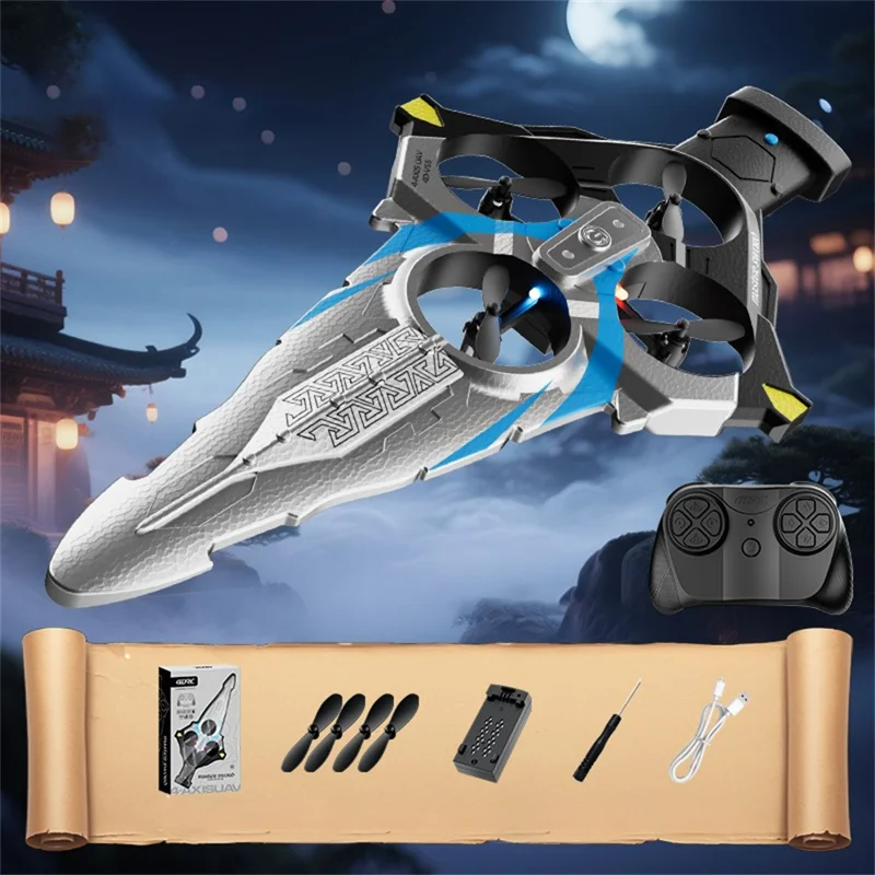 4DRC 4D-V55 4 Motors Remote Control Flying Sword Aircraft with Cool LED Light, No Camera (Single Battery) - Silver