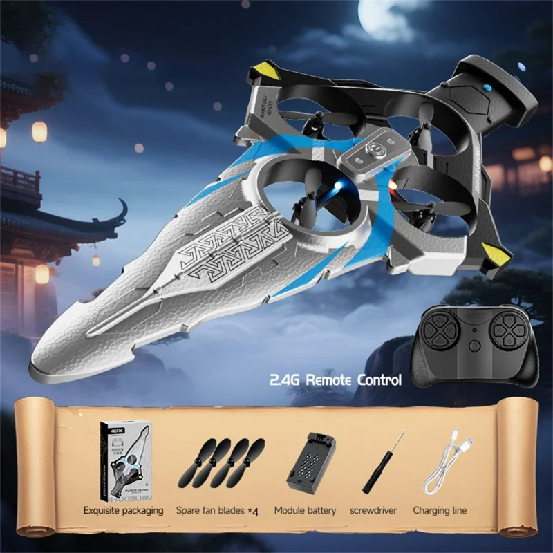 4DRC 4D-V55 4 Motors Remote Control Flying Sword Aircraft with Cool LED Light, No Camera (Single Battery) - Silver