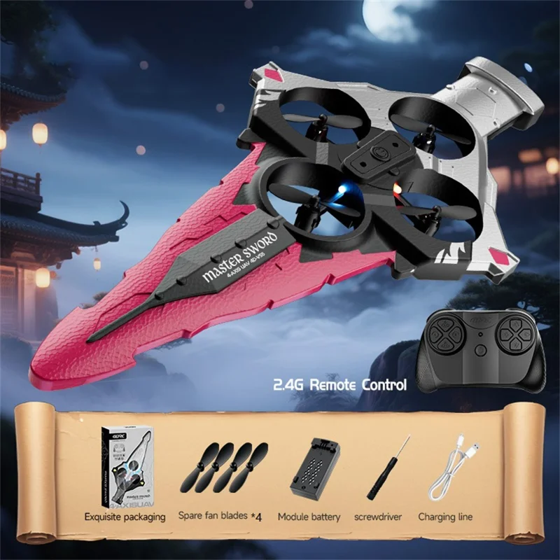 4DRC 4D-V55 4 Motors Remote Control Flying Sword Aircraft with Cool LED Light, No Camera (Single Battery) - Pink