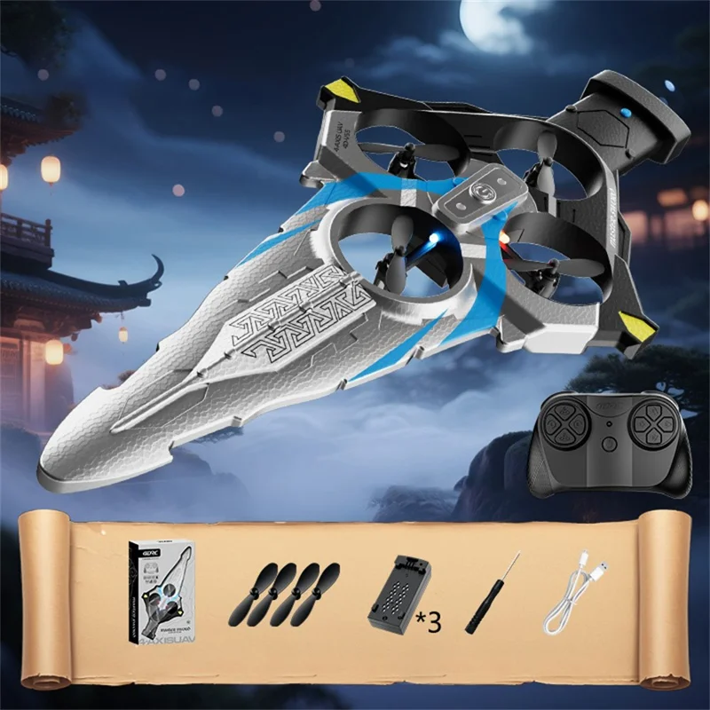 4DRC 4D-V55 4 Motors Remote Control Flying Sword Aircraft with Cool LED Light, No Camera (Three Batteries) - Silver