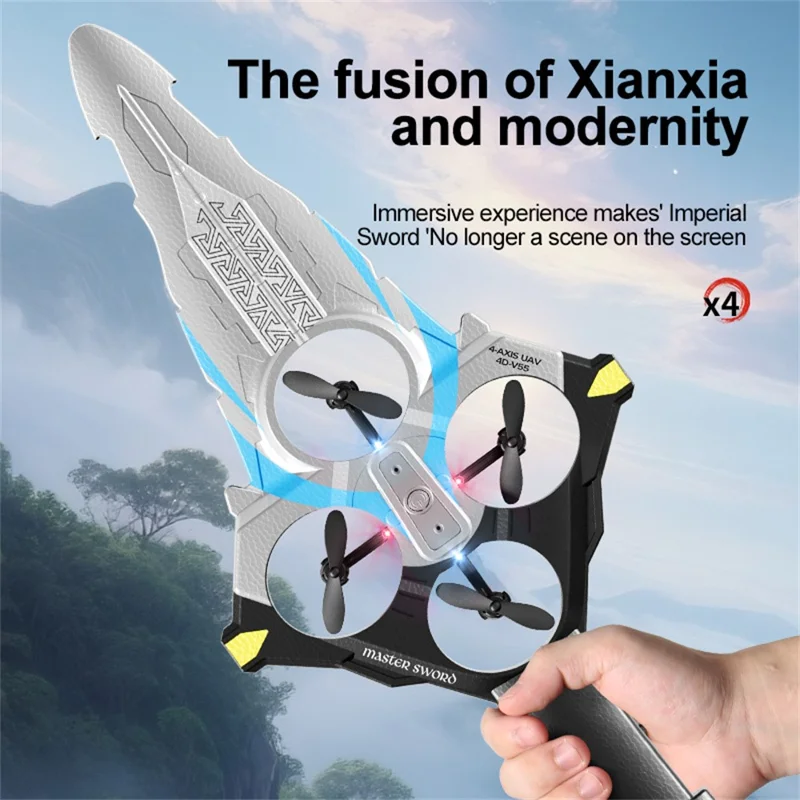 4DRC 4D-V55 4 Motors Remote Control Flying Sword Aircraft with Cool LED Light, No Camera (Three Batteries) - Silver