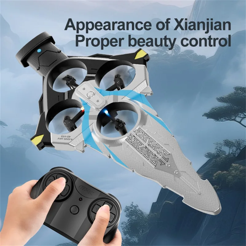 4DRC 4D-V55 4 Motors Remote Control Flying Sword Aircraft with Cool LED Light, No Camera (Dual Battery) - Silver