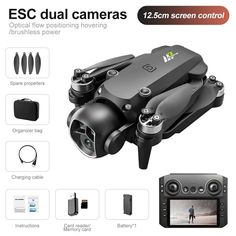 M7 Drone Ótico de Posicionamento por Fluxo de Imagem com Câmera Dupla, Dobrável, Sem Escova, FPV com Tela de 4,3 Polegadas e Controle Remoto, Bateria Única