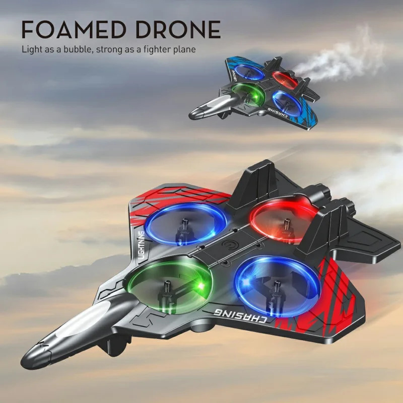 E72 EPP Foam RC Fighter Jet 2.4G 4 Channels Drone Intelligent Altitude Hold Helicopter Toy, with 2 Batteries - Blue