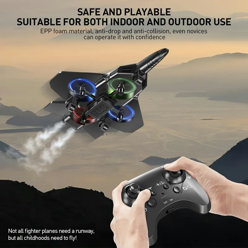 E72 EPP Foam RC Fighter Jet 2.4G 4 Channels Drone Intelligent Altitude Hold Helicopter Toy, with 2 Batteries - Blue