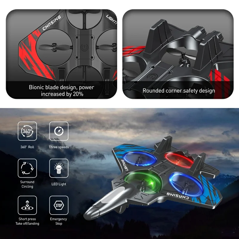 E72 EPP Foam RC Fighter Jet 2.4G 4 Channels Drone Intelligent Altitude Hold Helicopter Toy, with 2 Batteries - Blue