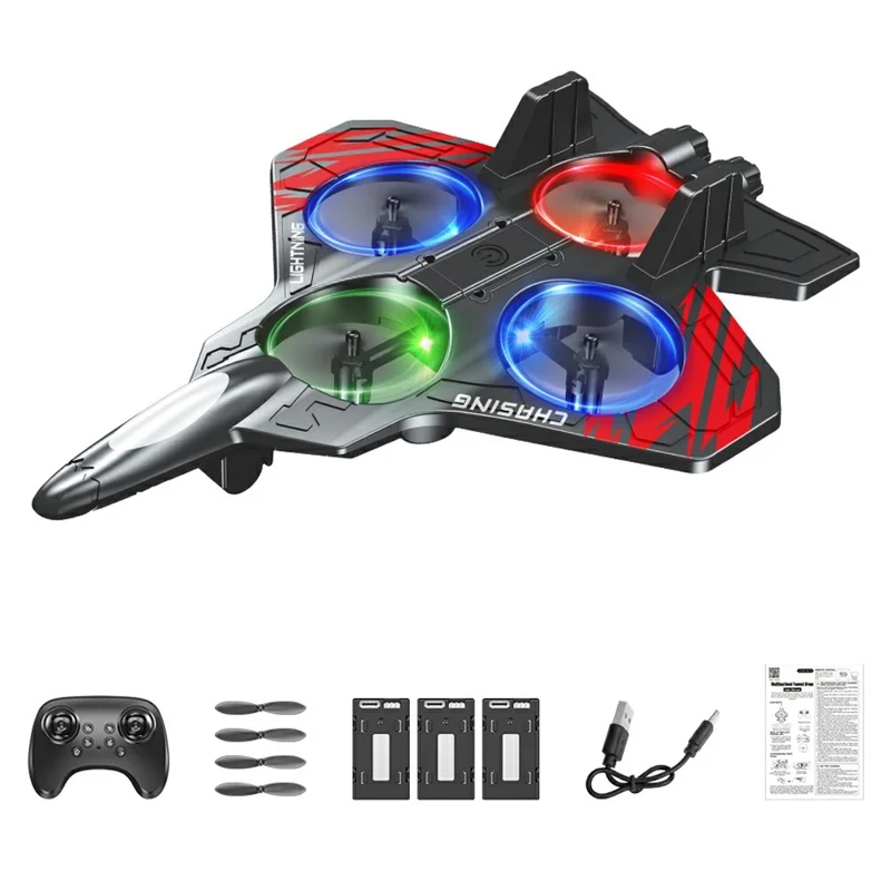E72 EPP Foam RC Fighter Jet 2.4G 4 Channels Drone Intelligent Altitude Hold Helicopter Toy, with 3 Batteries - Red