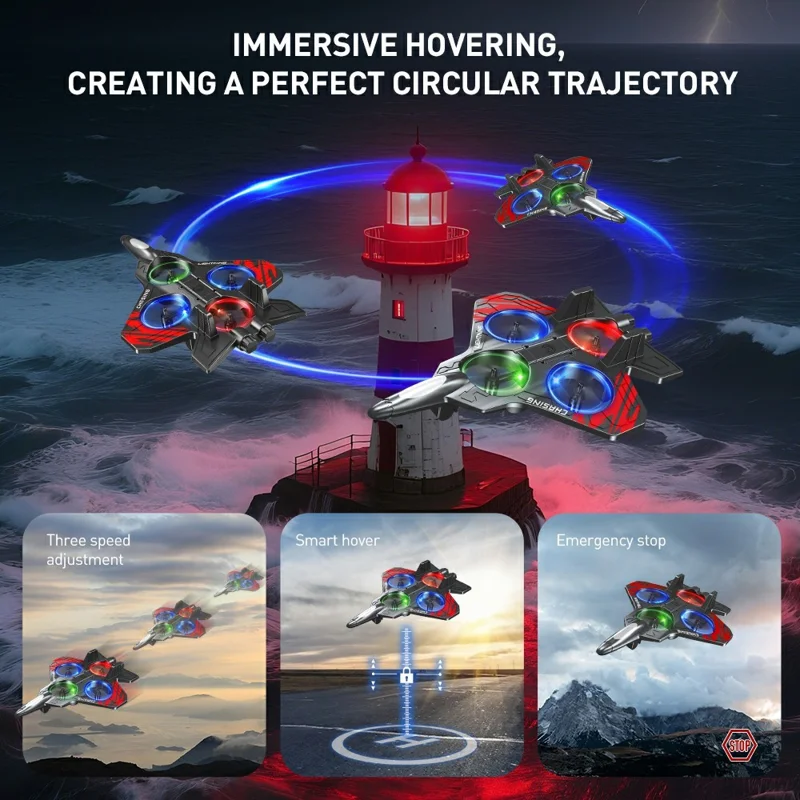 E72 EPP Foam RC Fighter Jet 2.4G 4 Channels Drone Intelligent Altitude Hold Helicopter Toy, with 3 Batteries - Red