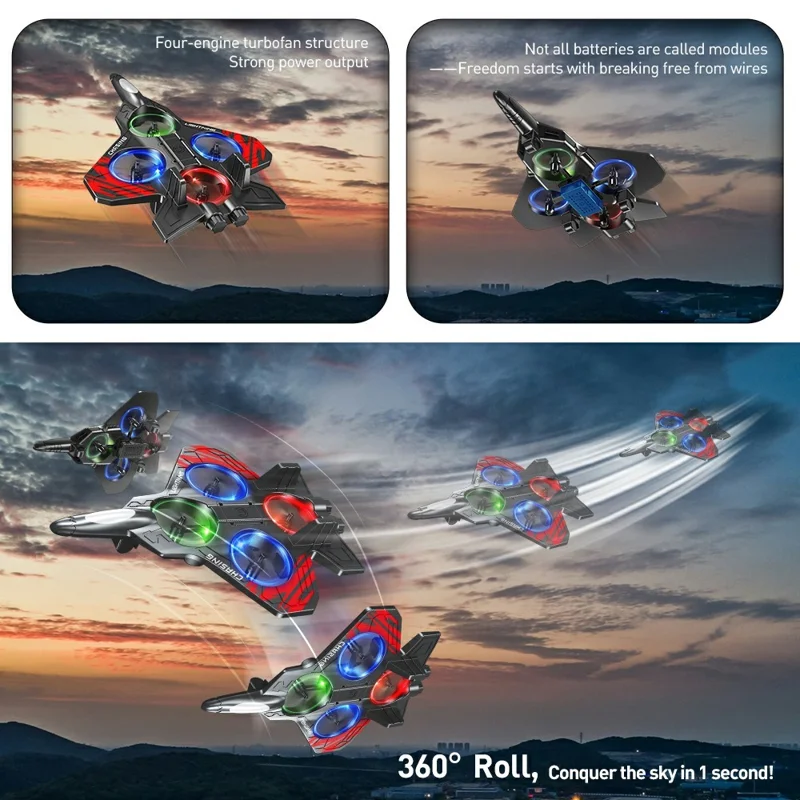 E72 EPP Foam RC Fighter Jet 2.4G 4 Channels Drone Intelligent Altitude Hold Helicopter Toy, with 3 Batteries - Red