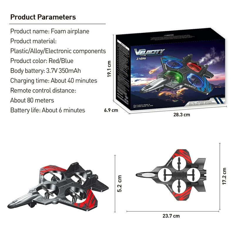 E72 EPP Foam RC Fighter Jet 2.4G 4 Channels Drone Intelligent Altitude Hold Helicopter Toy, with 3 Batteries - Red