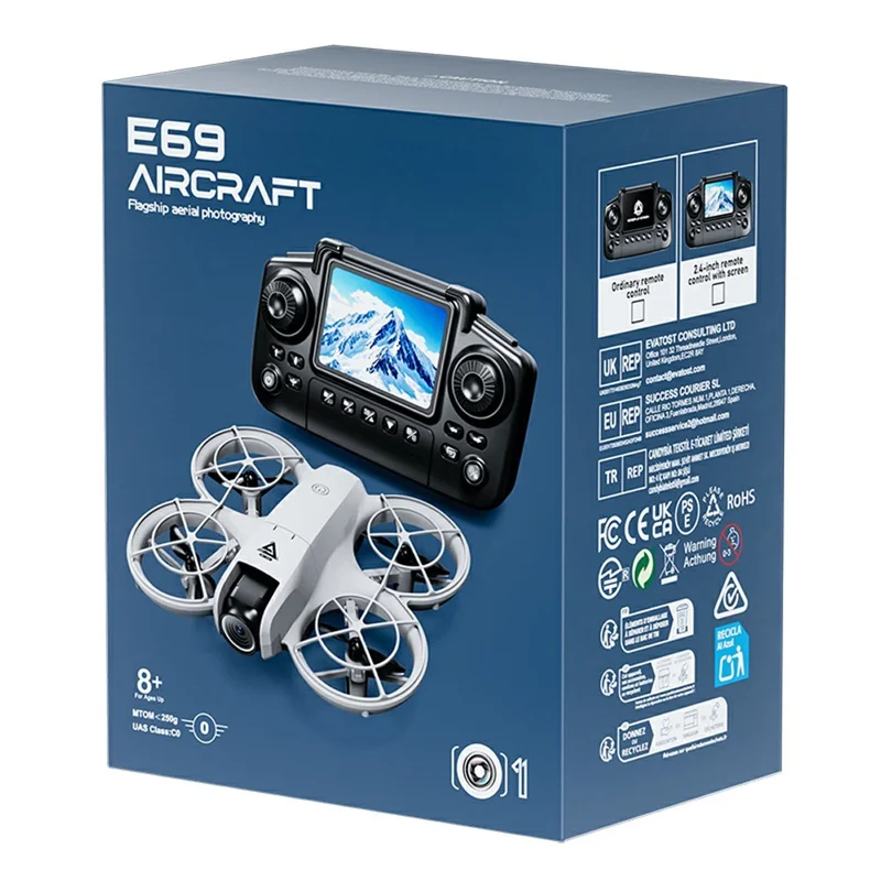 E69 Mini RC Drone Optical Flow Aerial Photography FPV Aircraft with Screen Controller, 2 Battery